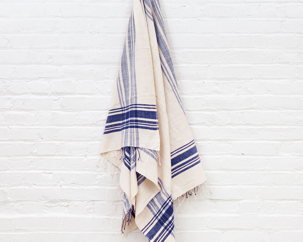 Handwoven Natural Blue Hatch Kitchen Towel