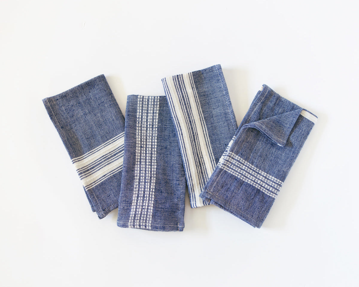 Navy White Stripe Color Blocked Cotton Napkins